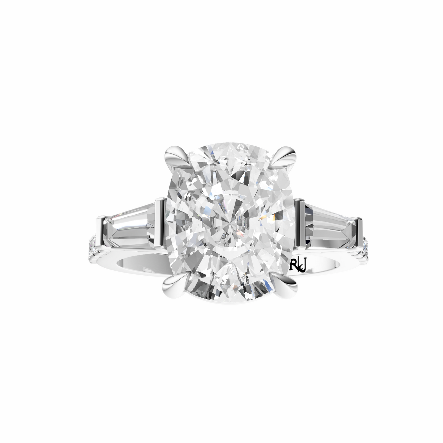 Cushion Accented Three Stone Tappered Baguettes Setting
