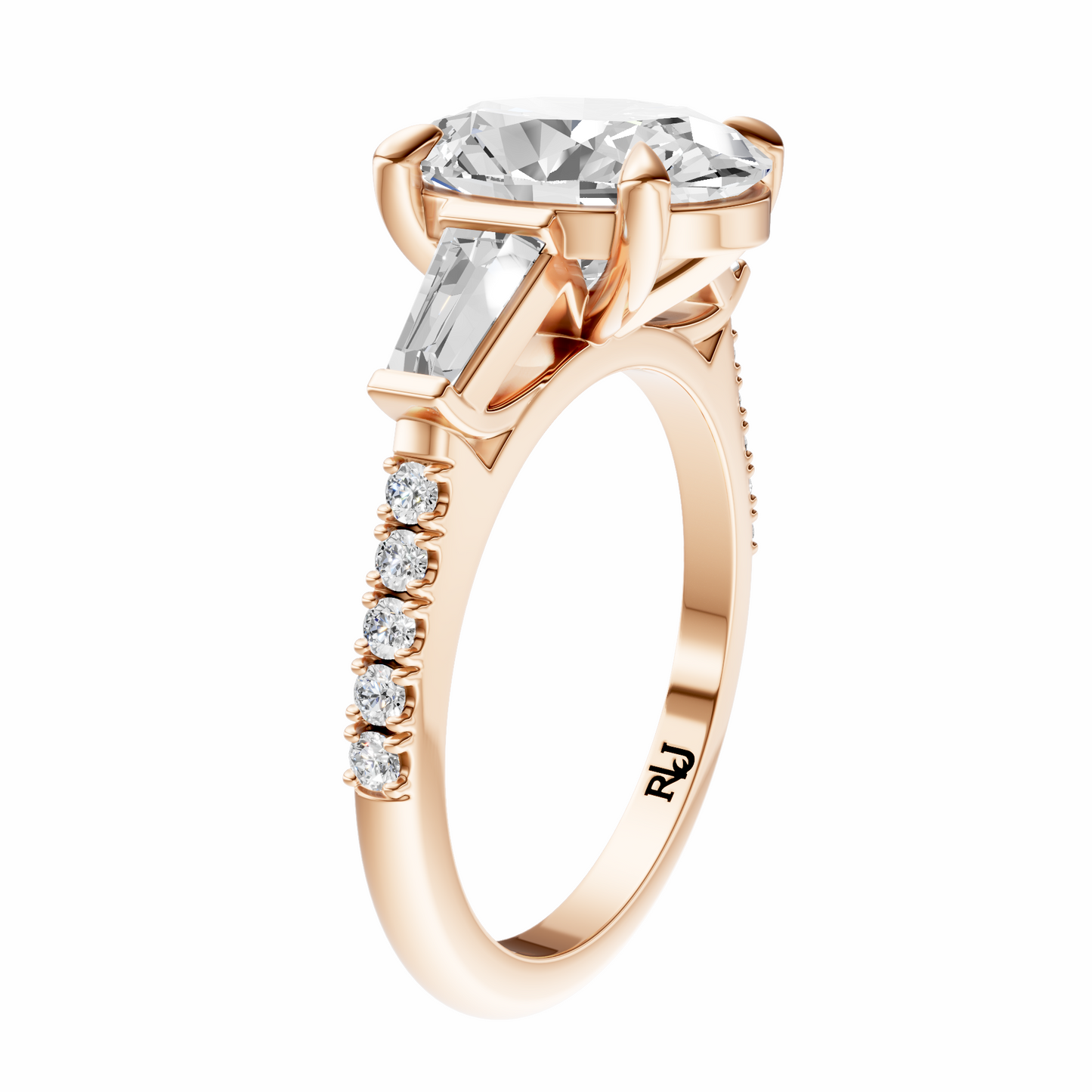 Oval Accented Three Stone Tappered Baguettes Setting