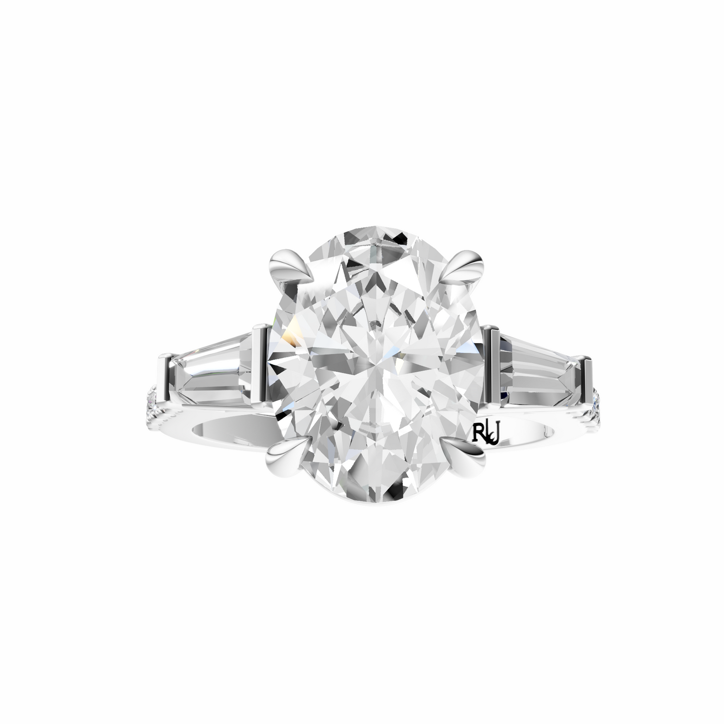 Oval Accented Three Stone Tappered Baguettes Setting