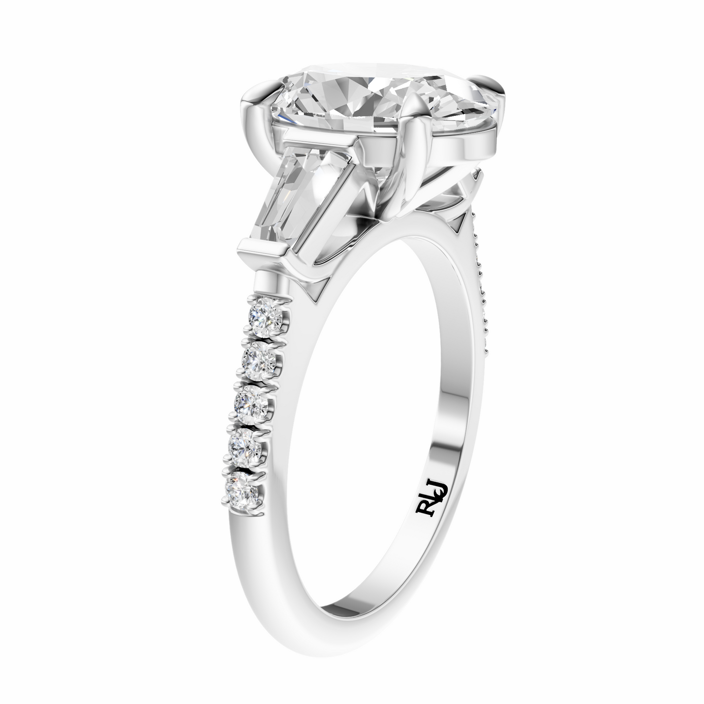 Oval Accented Three Stone Tappered Baguettes Setting
