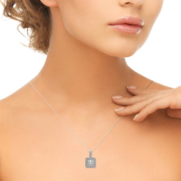 Princess Halo Accented Straight-Edge Lab Diamond Necklace
