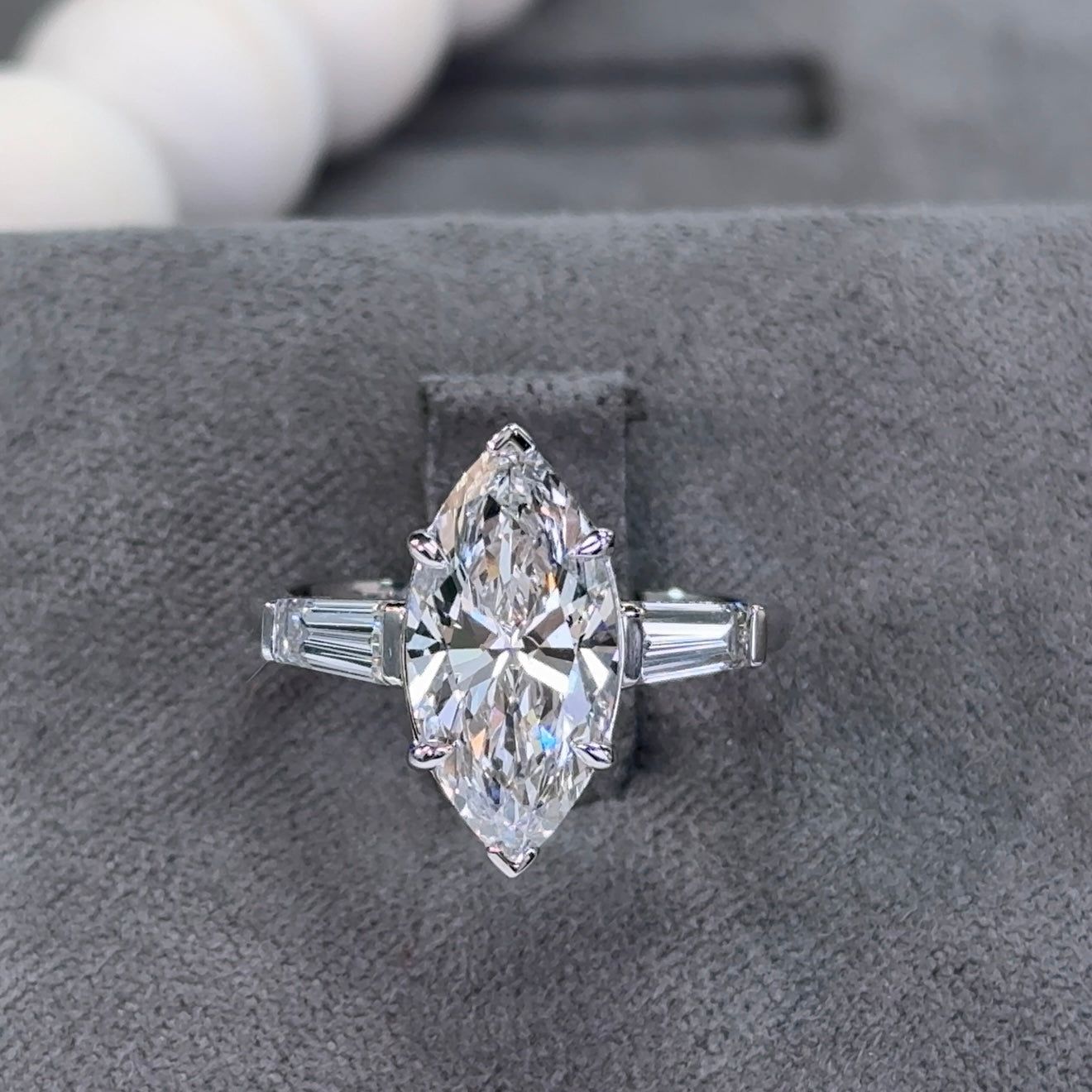 3.03 Carat Marquise Three-Stone Tapered Baguettes Lab Diamond Ring