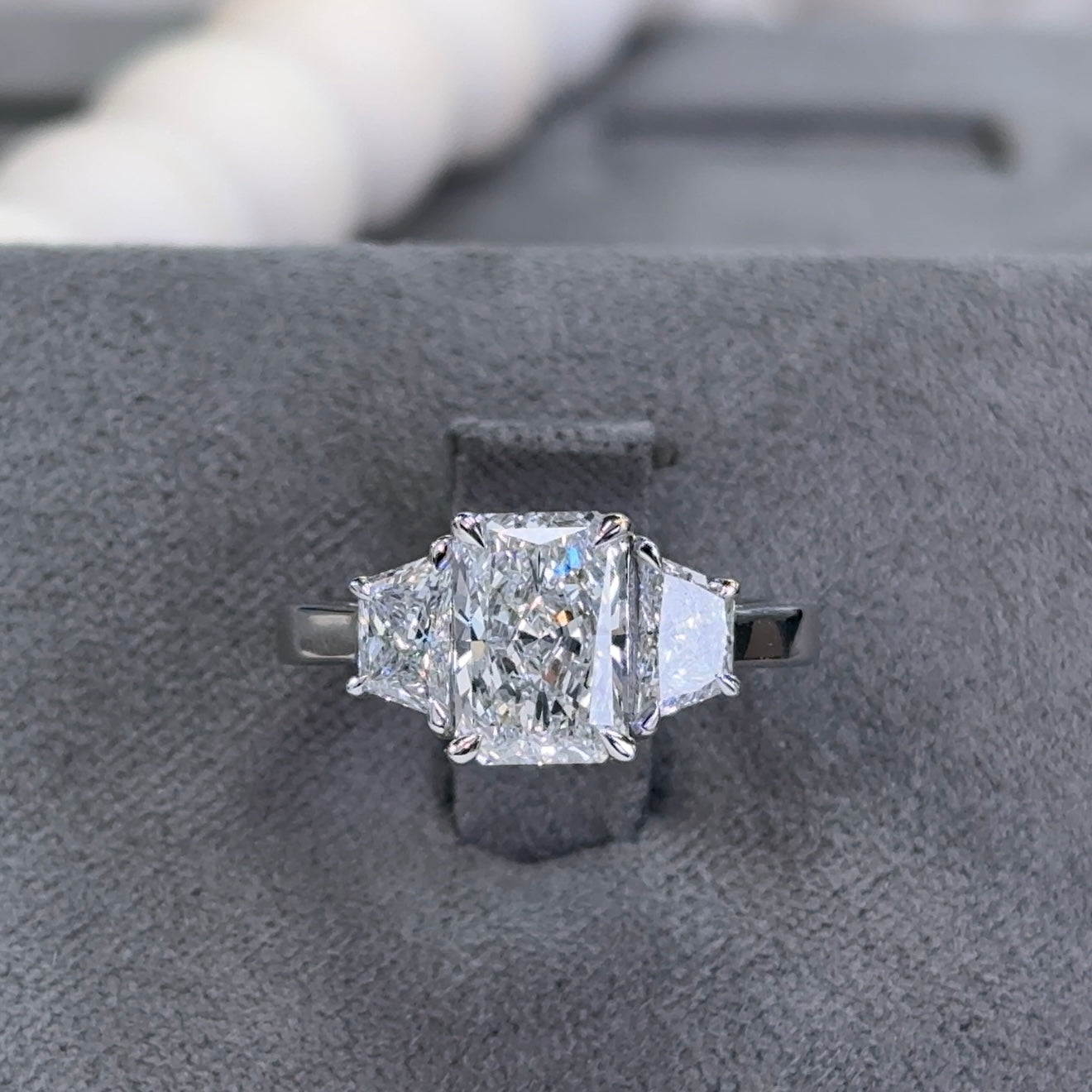2.01 Carat Radiant Three-Stone Trapezoid Sidestone Lab Diamond Ring