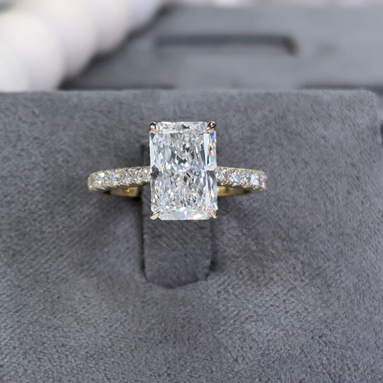 3.03 Carat Radiant Lab Diamond Hidden Halo Traditional Cathedral Ring