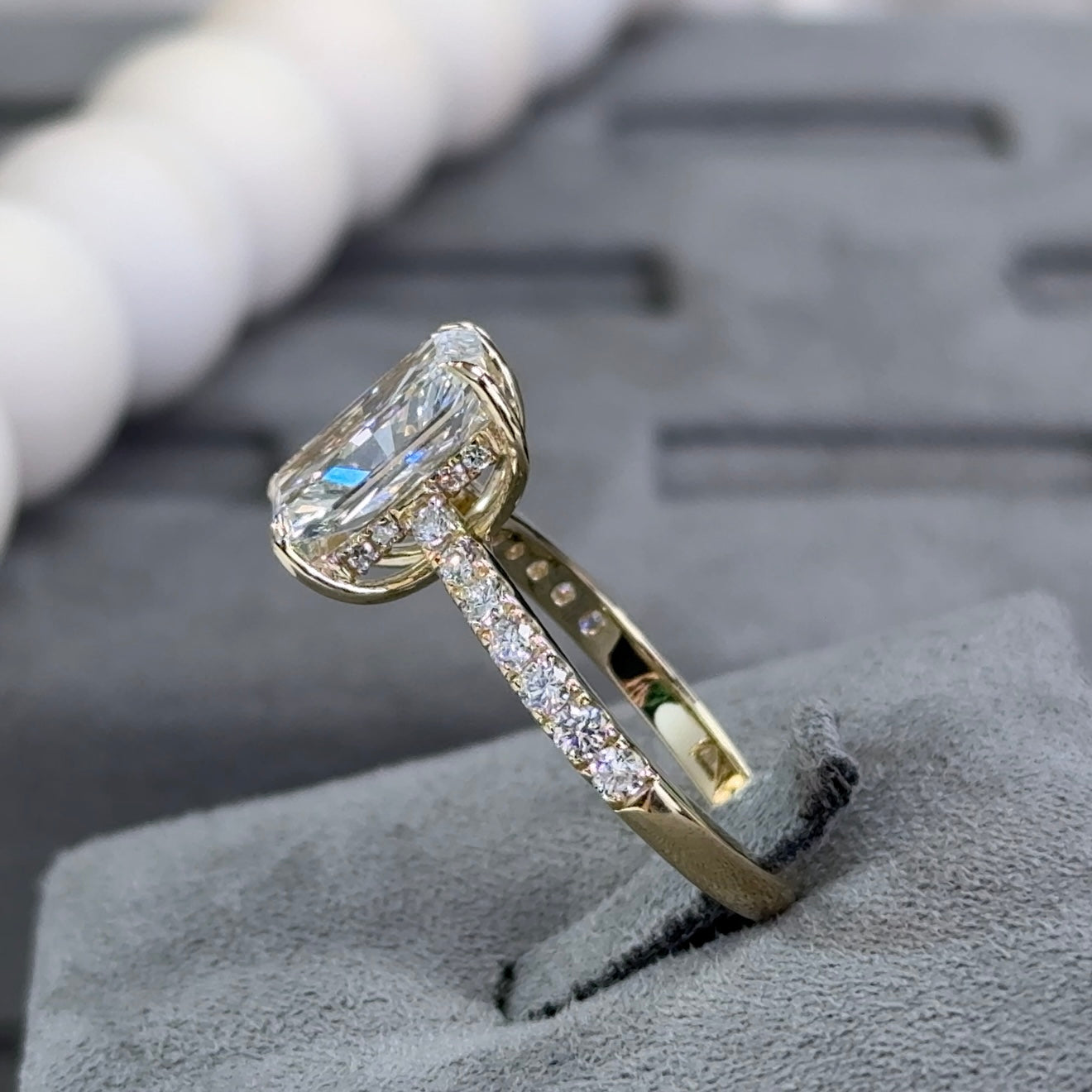 3.03 Carat Radiant Lab Diamond Hidden Halo Traditional Cathedral Ring