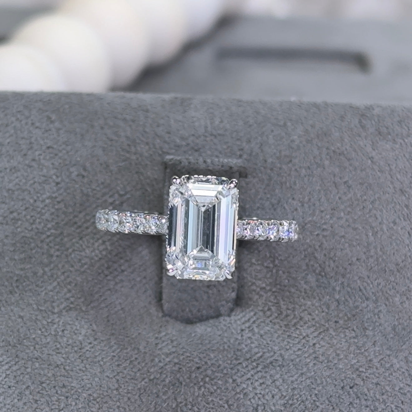 3.01 Carat Emerald Lab Diamond Hidden Halo Traditional Cathedral Ring