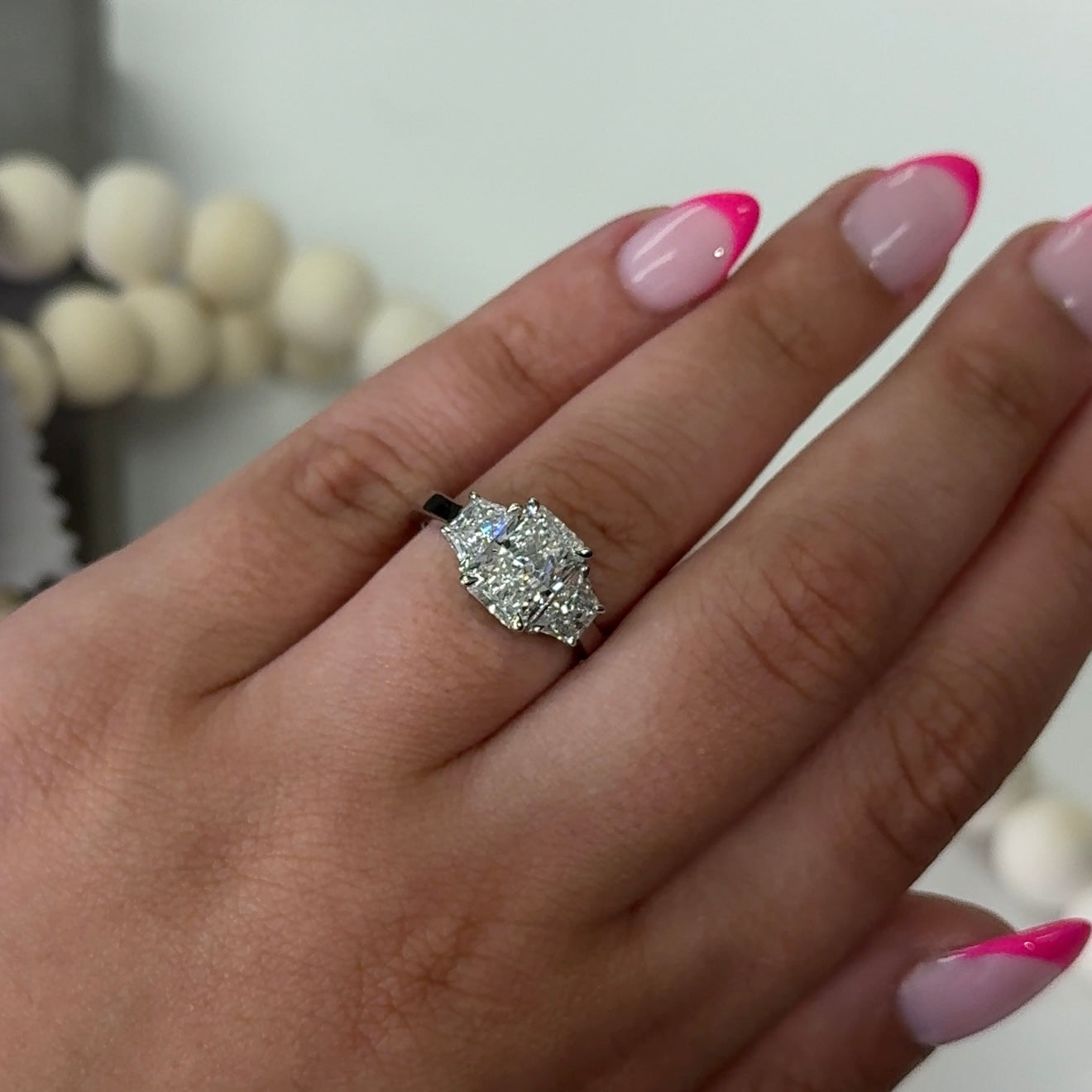 2.01 Carat Radiant Three-Stone Trapezoid Sidestone Lab Diamond Ring