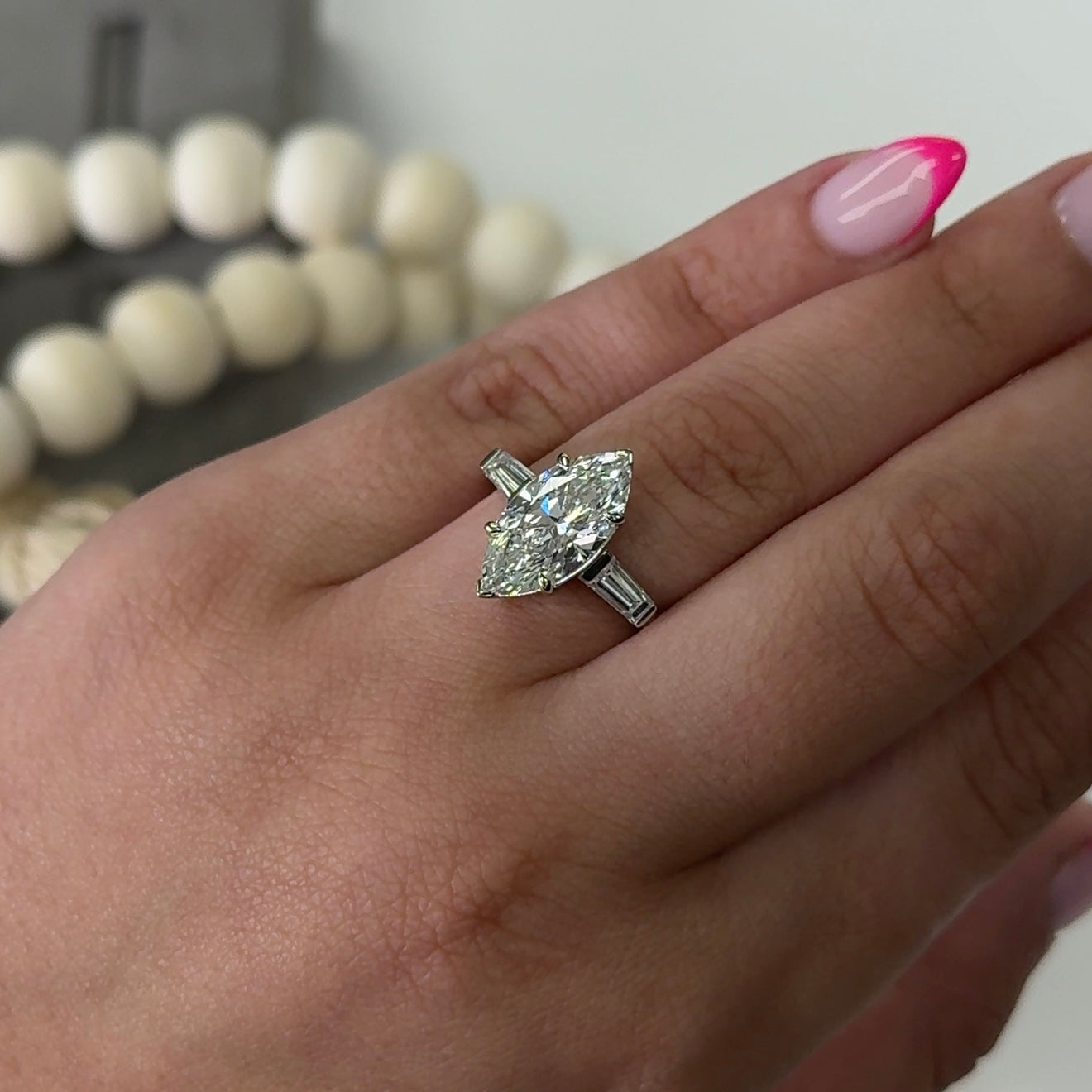 3.03 Carat Marquise Three-Stone Tapered Baguettes Lab Diamond Ring
