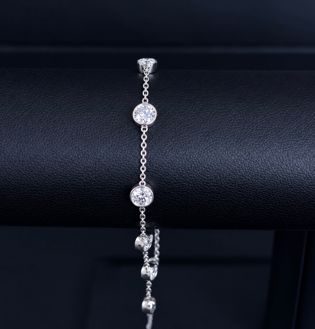 1.39ctw Round Lab Diamond 14kt White Gold Multi-Stone Bezel 7" Bracelet BRC-116-4