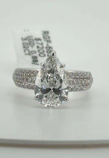 3.02ct Pear E VVS2 Lab Diamond 14kt White Gold Ring RGF-685