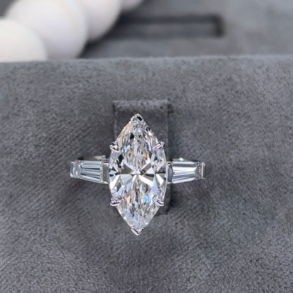 3.03 Carat Marquise Three-Stone Tapered Baguettes Lab Diamond Ring