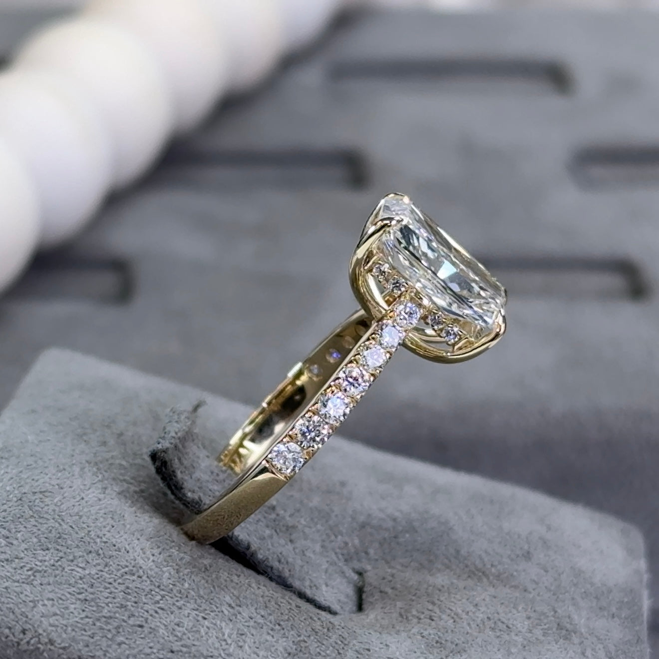 3.03 Carat Radiant Lab Diamond Hidden Halo Traditional Cathedral Ring