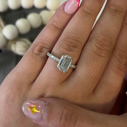 3.01 Carat Emerald Lab Diamond Hidden Halo Traditional Cathedral Ring