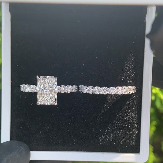Platinum Radiant Lab Grown Diamond Hidden Halo Engagement Ring Set