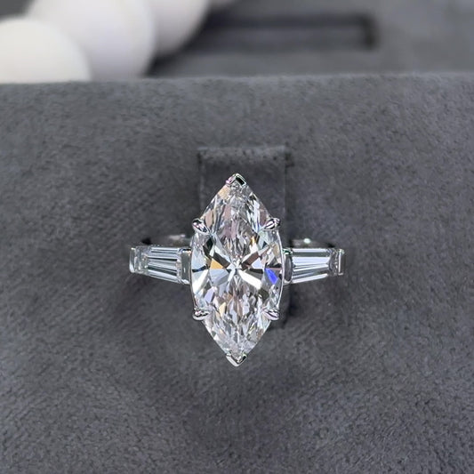 3.03 Carat Marquise Three-Stone Tapered Baguettes Lab Diamond Ring