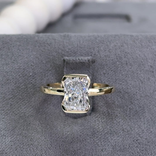 2.01 Carat Radiant Lab Diamond Half Bezel Solitaire Ring