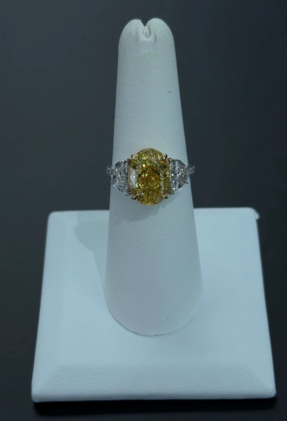 4.04 Carat Oval Lab Diamond Fancy Vivid Yellow Color VS1 Clarity 14Kt White Gold Engagement Ring (SKU: RGF-188-1)