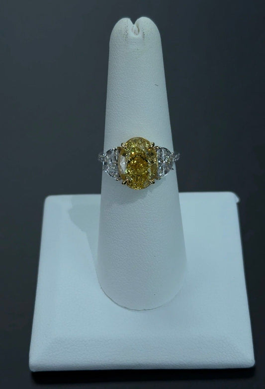 4.04 Carat Oval Lab Diamond Fancy Vivid Yellow Color VS1 Clarity 14Kt White Gold Engagement Ring (SKU: RGF-188-1)
