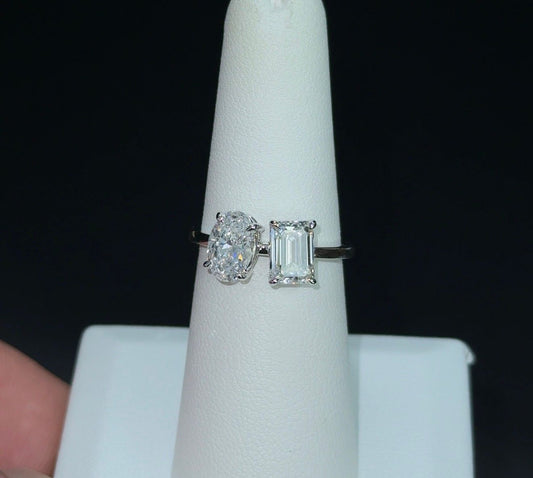 2.12ctw Oval and Emerald Lab Diamond 14kt White Gold Ring
