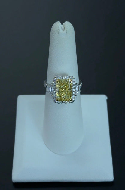 4.02 Carat Radiant Lab Diamond Fancy Vivid Yellow Color VS1 Clarity 14Kt White Gold Engagement Ring (SKU: RGF-383