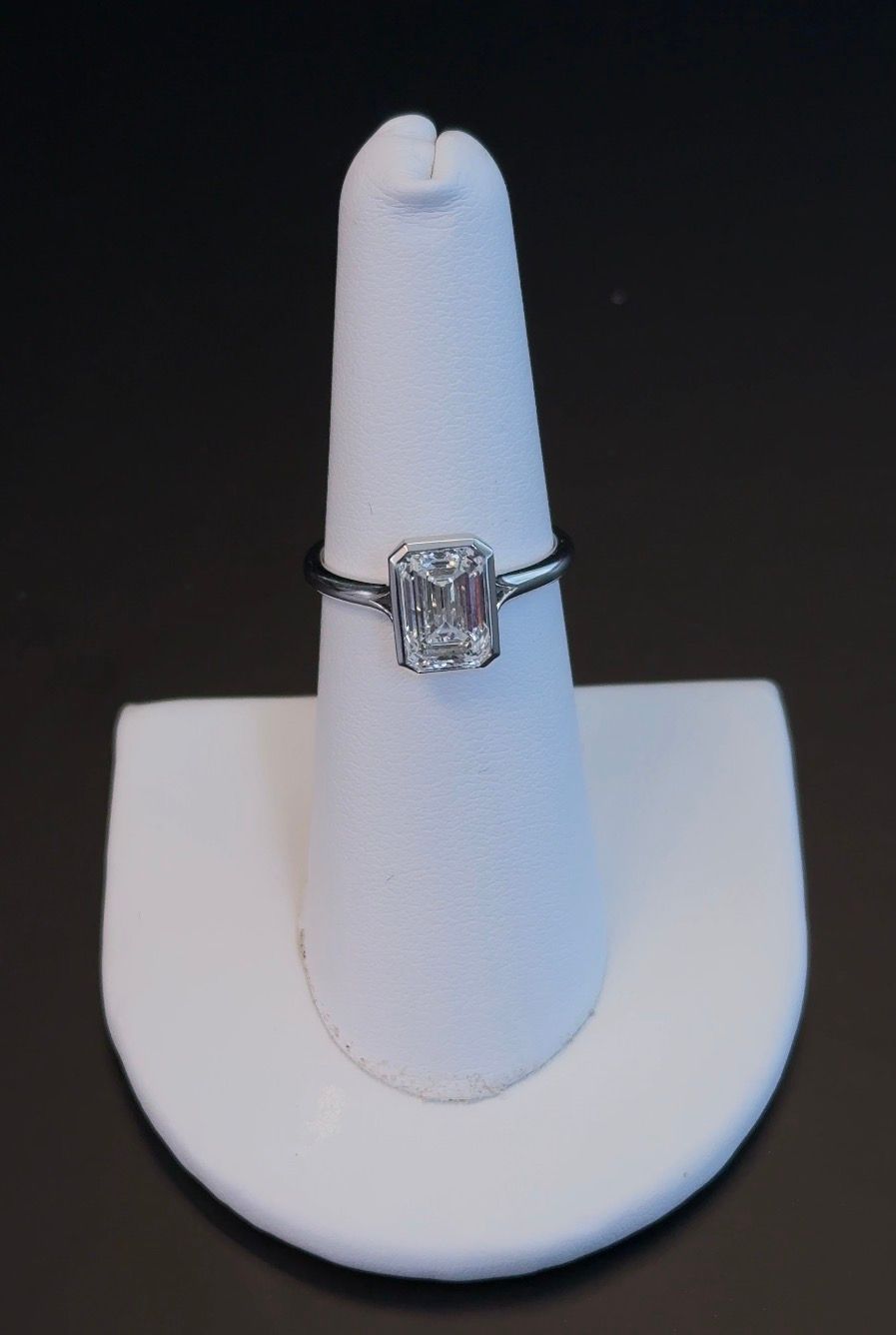 2.05 Carat Emerald Cut Lab Diamond Ring E VS1 Bezel 14kt White Gold RGF-473-1